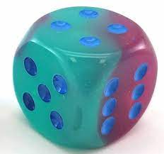 30MM D6: GEMINI LUMINARY: GEL GREEN-PINK WITH BLUE large dice